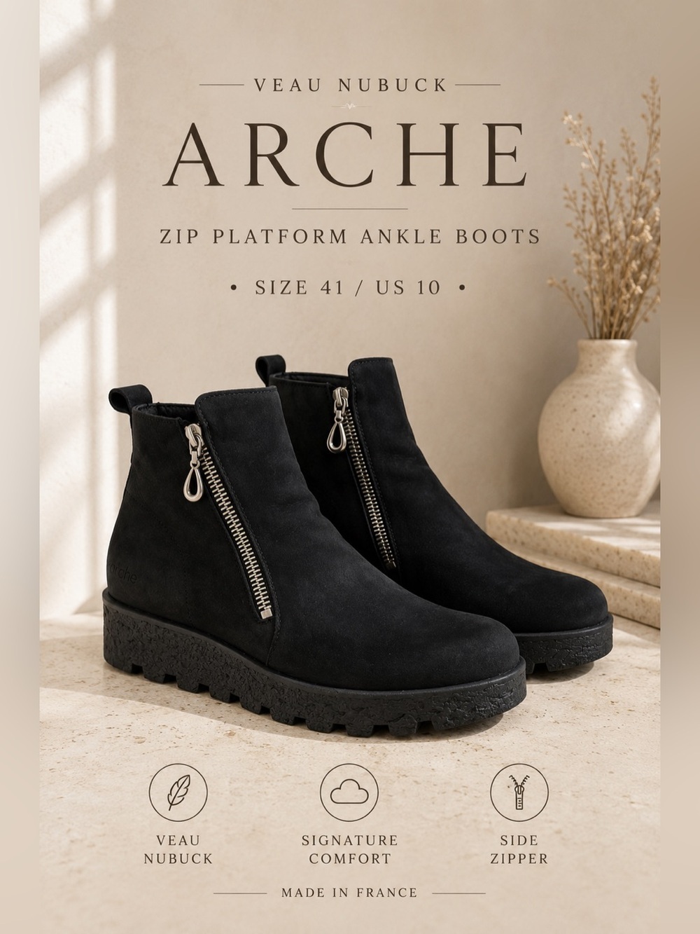 Arche Veau Nubuck Zip Platform Ankle Boots Black EU 41 US 10